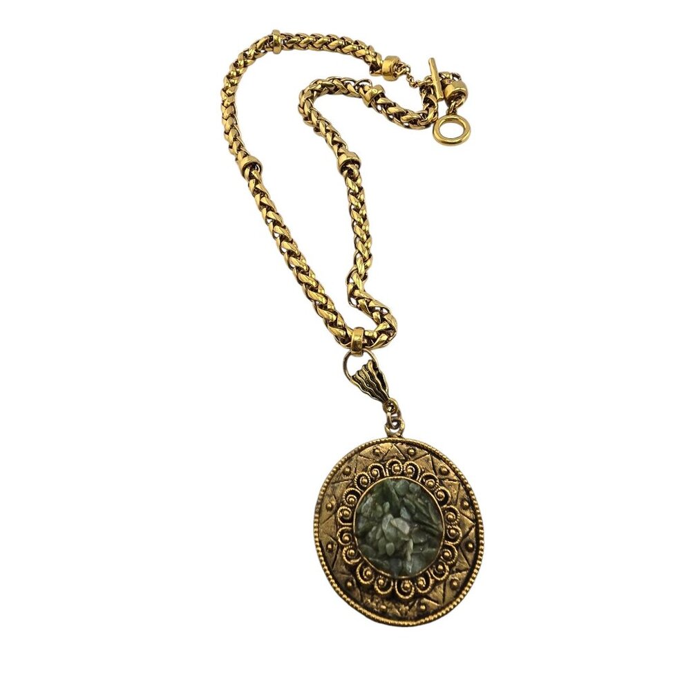 Vintage Crushed Jadeite? Marked Pendant On Fancy Chain Necklace (A8116)